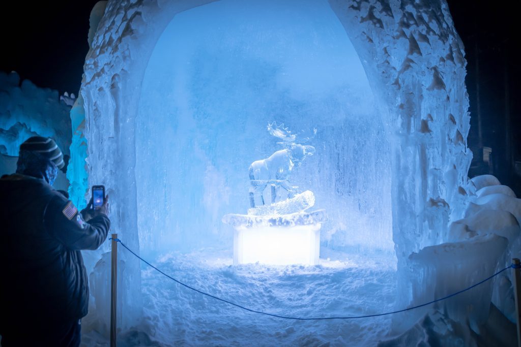 An igloo-like ice room with a glassy ice sculpture of a moose inside, lit up in blue at night.