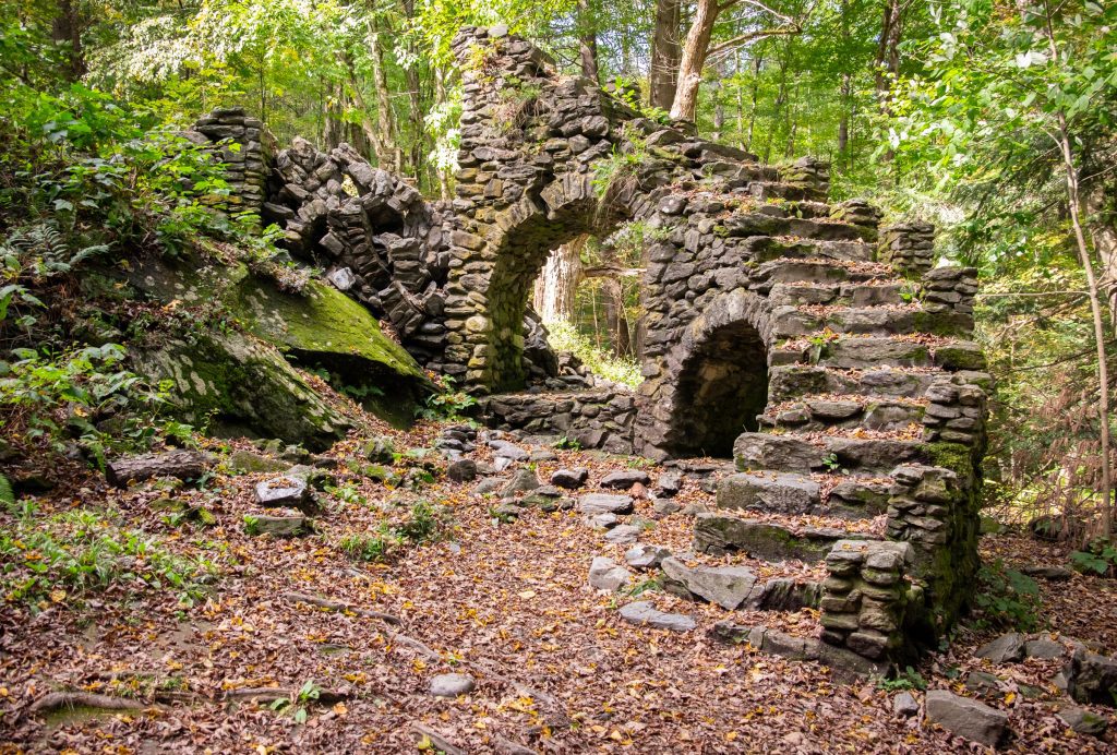A spooky curving stone staircase on its own in the middle of a forest.