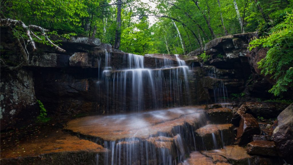 A wide, thin waterfall falling over layers of dark brown rocks in the woods.