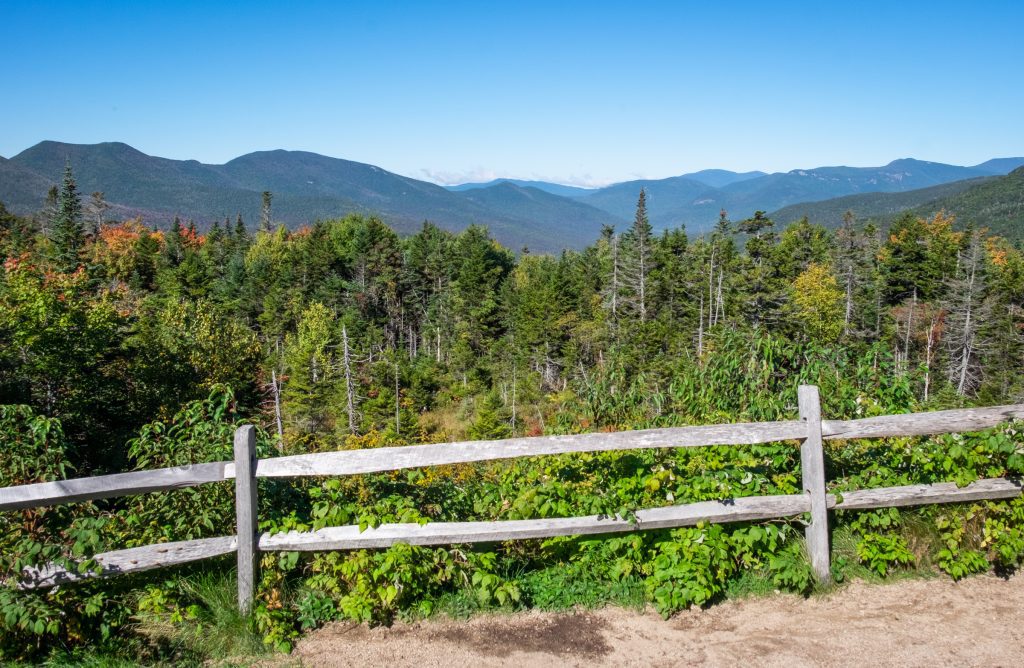 A weathered wooden fence in front of a forest with lots of pointy green trees, and mountains behind it.
