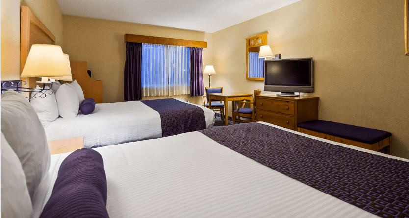 A hotel room with two queen beds with purple blankets