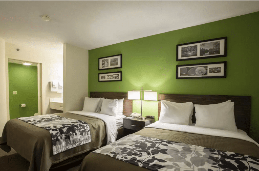 A hotel room with green wall and brown blankets on the bed