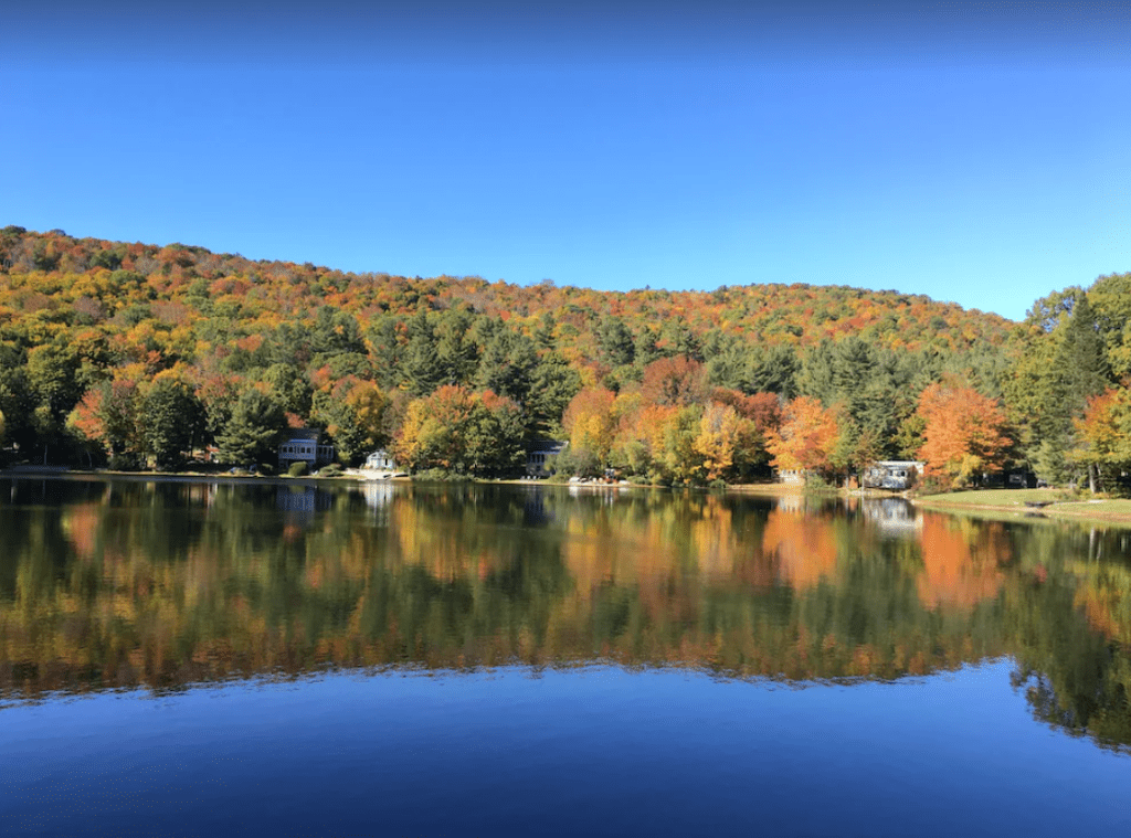 A view of Chalk Pond with fall foliage