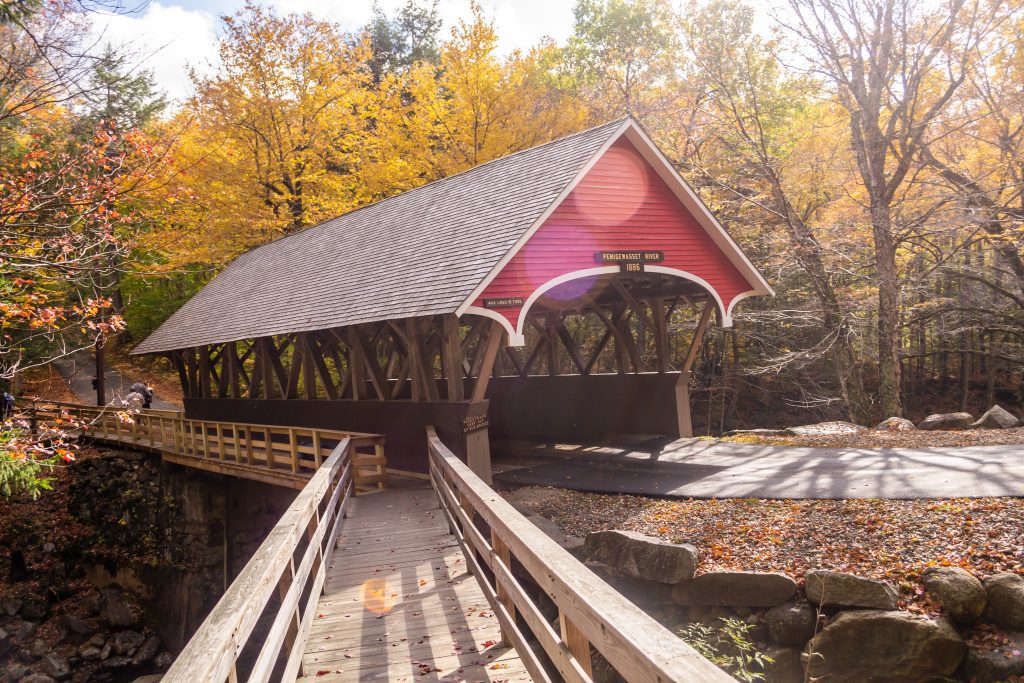 A small red covered bridge set among fall foliage trees in the forest.