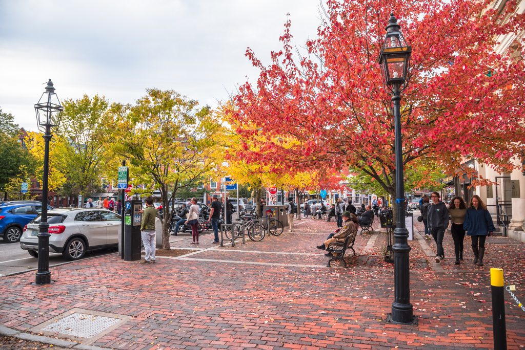 A busy street in downtown Portsmouth, with a wide brick sidewalk, some people walking down the street, some sitting on benches. In the foreground is a bright red tree.