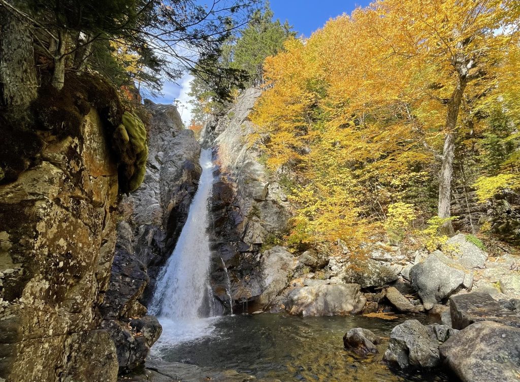 A 64-foot waterfall surrounded by gray rock, falling into a green pool. It's next to a yellow-leaved tree underneath a blue sky.