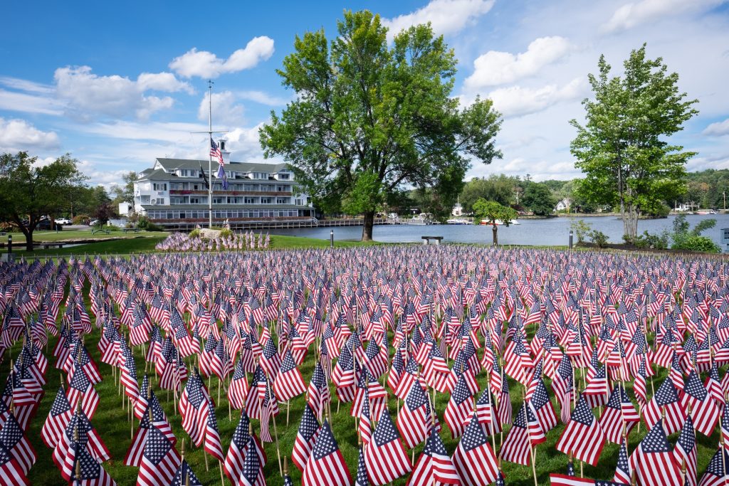 A lawn covered with hundreds of mini American flags.